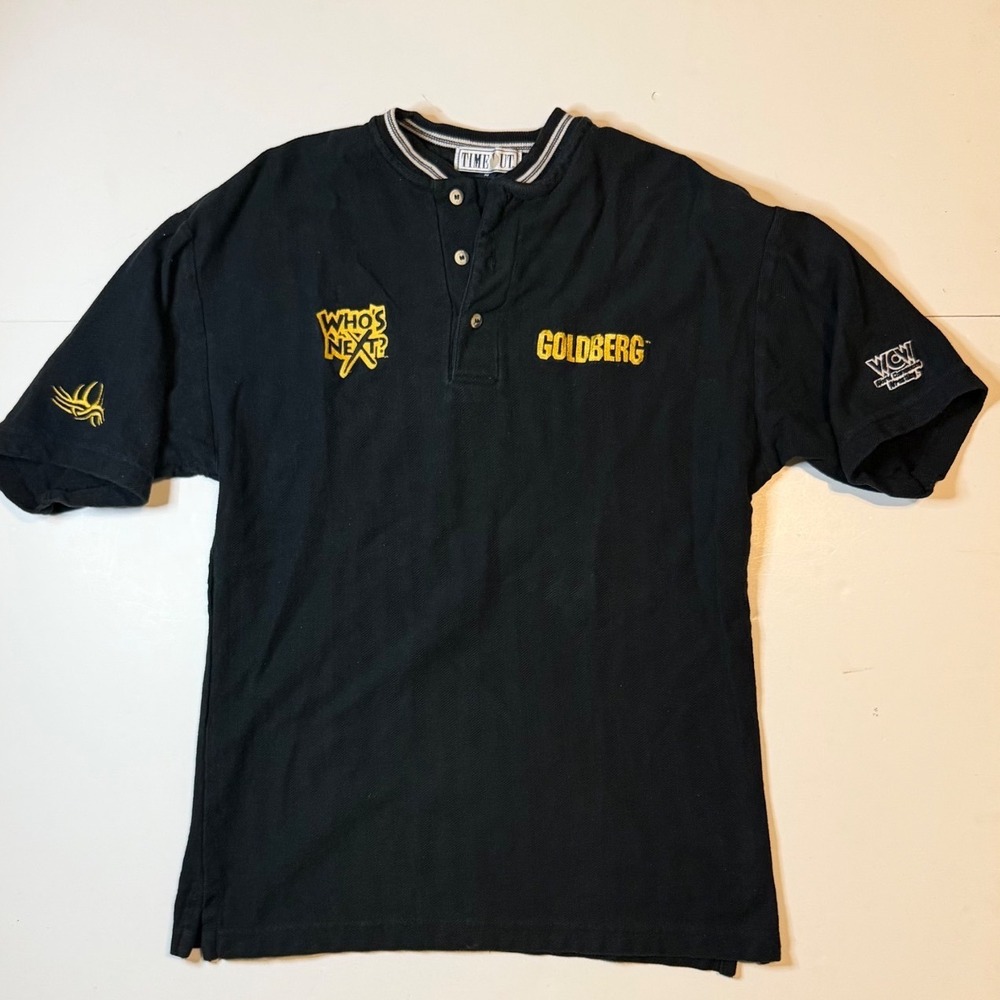 WCW Goldberg Who's Next Henley Shirt Mens Medium Black Vintage 90s Time Out Tee